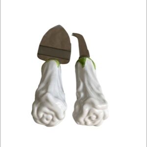 Wedding Cake‎ Server & Knife Set White Rose Bud Floral Handles Stainless Steel